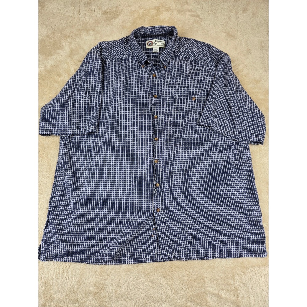Basic Options Mens Big 2XL Blue White Plaid Button‎ Down Shirt Casual Cotton